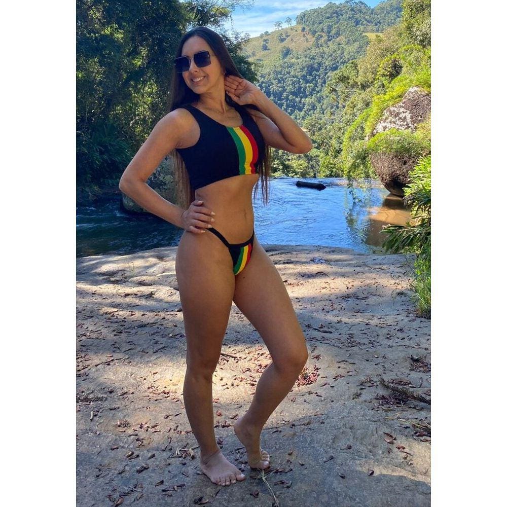 Biquini Jahmmin Top Preto Faixa Reggae Calcinha Faixa