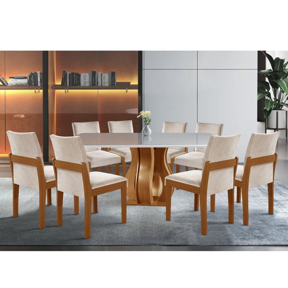 Conjunto Sala de Jantar Mesa Nuance Tampo Vidro/MDP com 8 Cadeiras Mônaco Yescasa Castanho Cinamomo/Bege