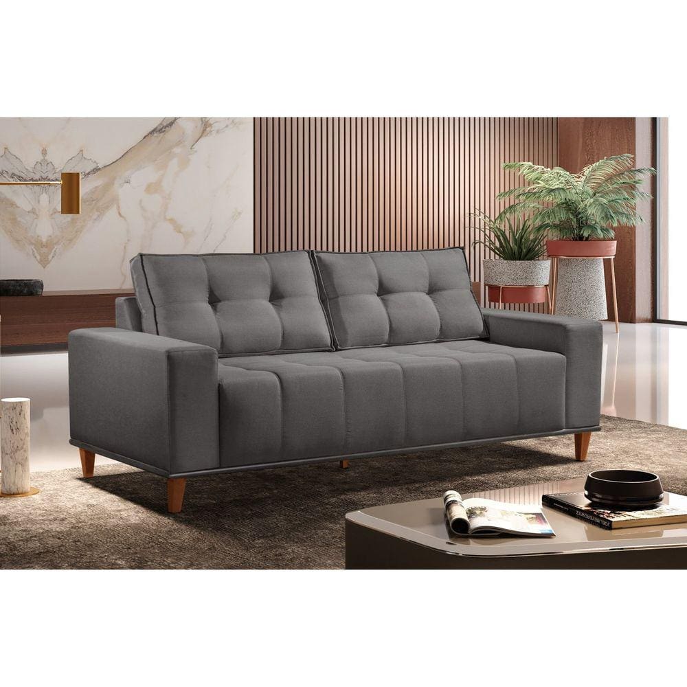 Sofá 3 Lugares  Veludo 190cm com Molas Beny Cinza Prata