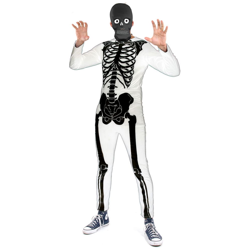 Fantasia Esqueleto Branco e Preto Adulto Halloween + Máscara