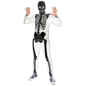 Fantasia Esqueleto Branco e Preto Adulto Halloween + Máscara