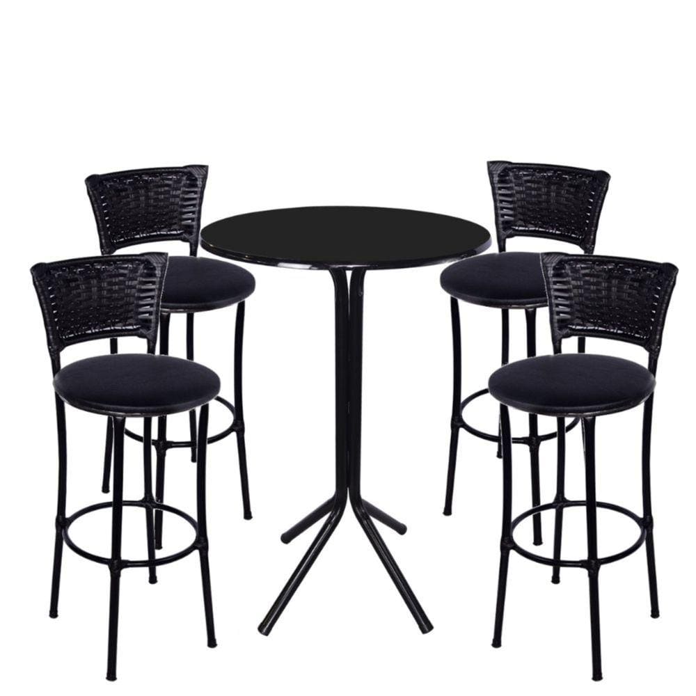 Jogo de 4 Banquetas Preta Junco Preto Assento Preto com Bistro Preto
