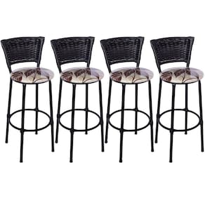 Kit 4 Banquetas Altas Preta com Encosto Junco Preto Assento Floral Marrom
