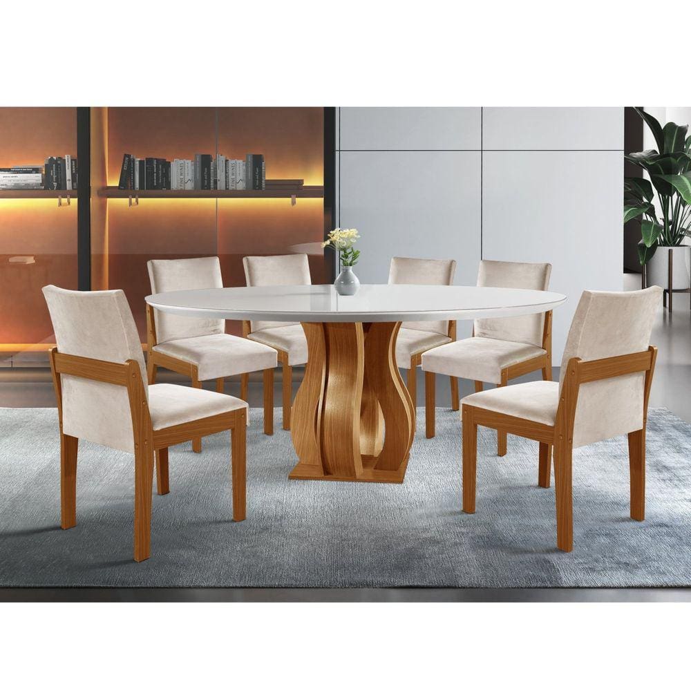 Conjunto Sala de Jantar Mesa Nuance 135cm Redonda Tampo Vidro/MDP com 6 Cadeiras Mônaco Yescasa Castanho Cinamomo/Suedy Creme