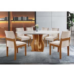 Conjunto Sala de Jantar Mesa Nuance 135cm Redonda Tampo Vidro/MDP com 6 Cadeiras Mônaco Yescasa Castanho Cinamomo/Suedy Creme