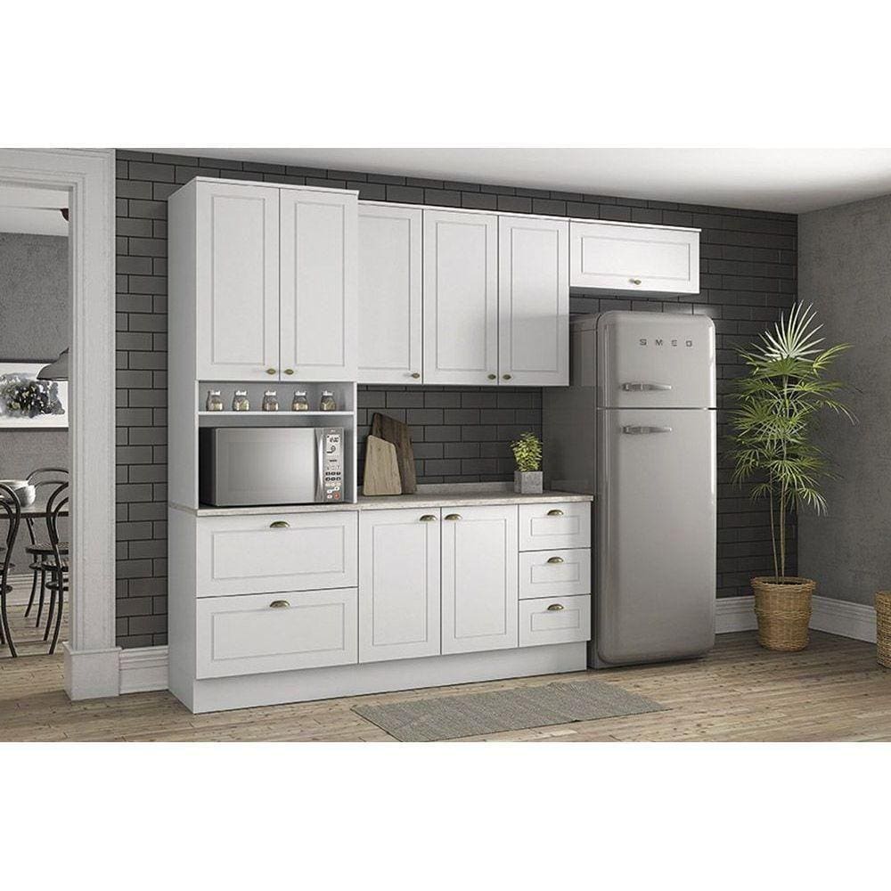 Cozinha Completa Americana 5Pçs (2 Armários + 1 Balcão + 1 Paneleiro + 1 Complemento) C5p12 Branco