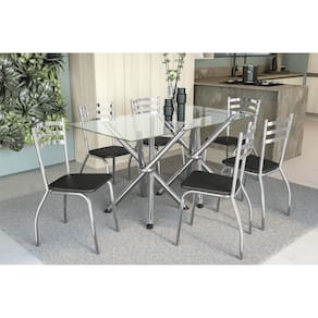 Sala De Jantar Completa Volga C/ Tampo Vidro 150Cm + 6 Cadeiras Portugal Cromado/Courano Preto