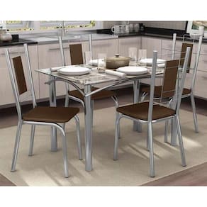 Conjunto: Mesa Sala Jantar Elba C/ Tampo Vidro 120cm + 4 Cadeiras Florença Cromado/courano Marrom