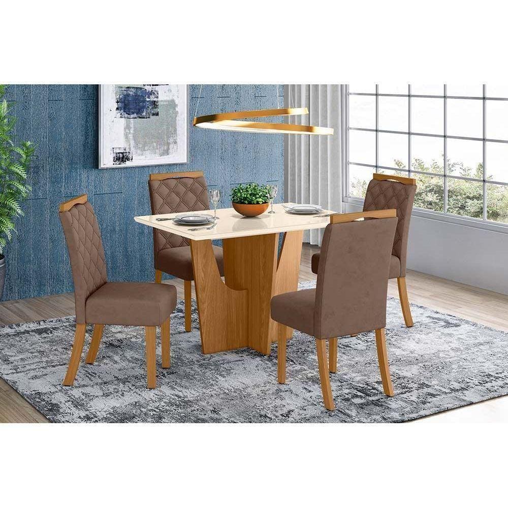 Sala De Jantar Completa Vértice C/ Tampo Madeirado Canto Reto 4 Cadeiras Bella Nature/Marrom Amêndoa