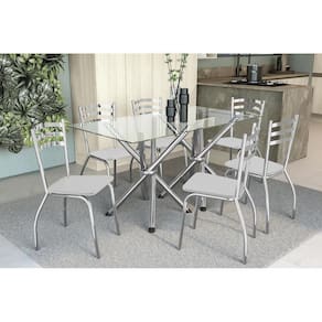 Conjunto: Mesa Sala Jantar Volga C/ Tampo Vidro 150cm + 6 Cadeiras Portugal Cromado/courano Branco