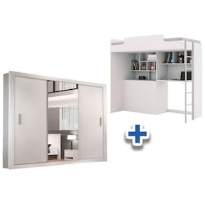 Colchão Pérola Polar (2Un) + Guarda Roupa Veneza Luxo + Beliche Office New Branco