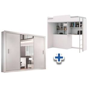 Colchão Pérola Polar (2Un) + Guarda Roupa Veneza Luxo + Beliche Office New Branco