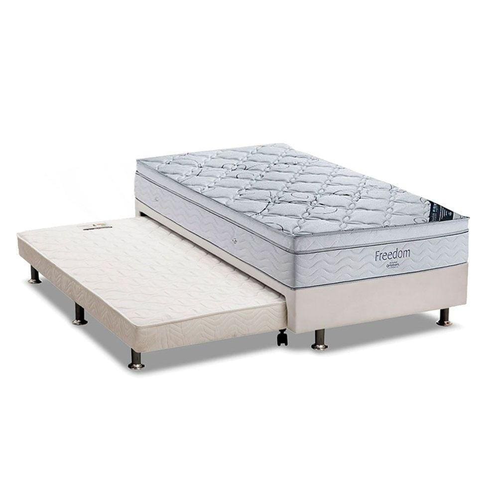 Cama Box C/Auxiliar Solteiro: Colchão Ortobom Superpocket Freedom Visco + Base Branco(88X188)