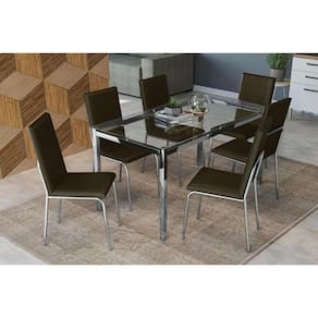 Conjunto: Mesa Sala Jantar Reno C/ Tampo Vidro 150cm + 6 Cadeiras Amsterdã Cromado/courano Marrom