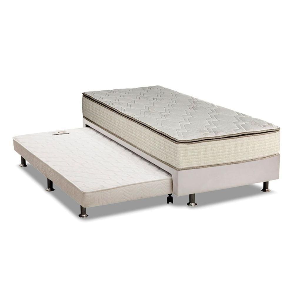 Cama Box C/Auxiliar Solteiro: Colchão Luckspuma Bonnel Montreal Spring + Base Branco(88X188)