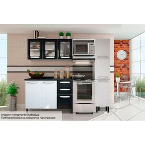 Kit De Cozinha Completa 4Pçs (1 Armário + 1 Balcão + 1 Paneleiro + 1 Complemento) Branco/preto