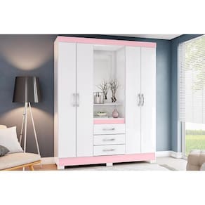 Guarda Roupa Solteiro 4 Portas E 3 Gavetas C/ Espelho Briz B24 Branco/Rosa - Henn