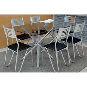 Sala De Jantar Completa Volga C/ Tampo Vidro 150Cm + 6 Cadeiras Nápoles Cromado/Courano Preto