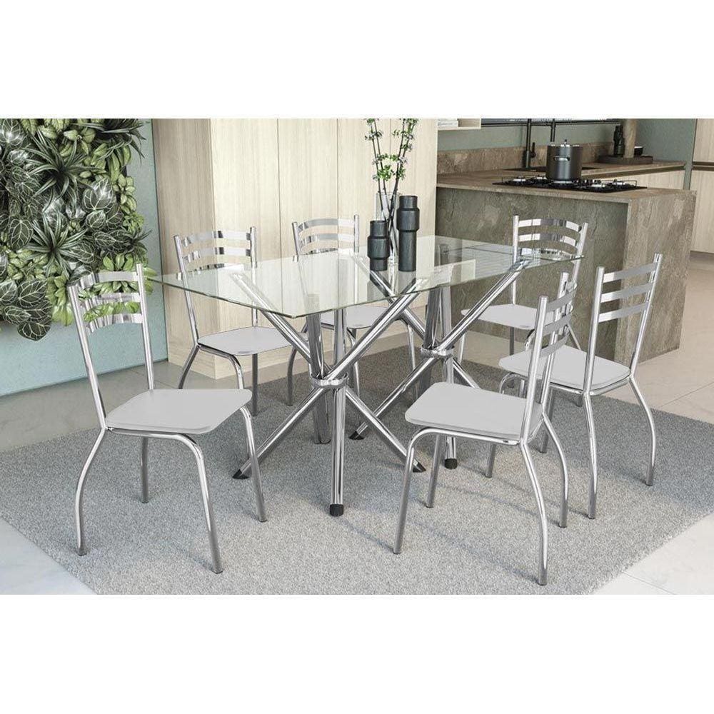 Sala De Jantar Completa Volga 150Cm + 6 Cadeiras Portugal Cromado/Courano Branco - Kappesberg