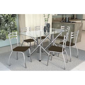 Sala De Jantar Completa Volga C/ Tampo Vidro 150Cm + 6 Cadeiras Portugal Cromado/Courano Marrom