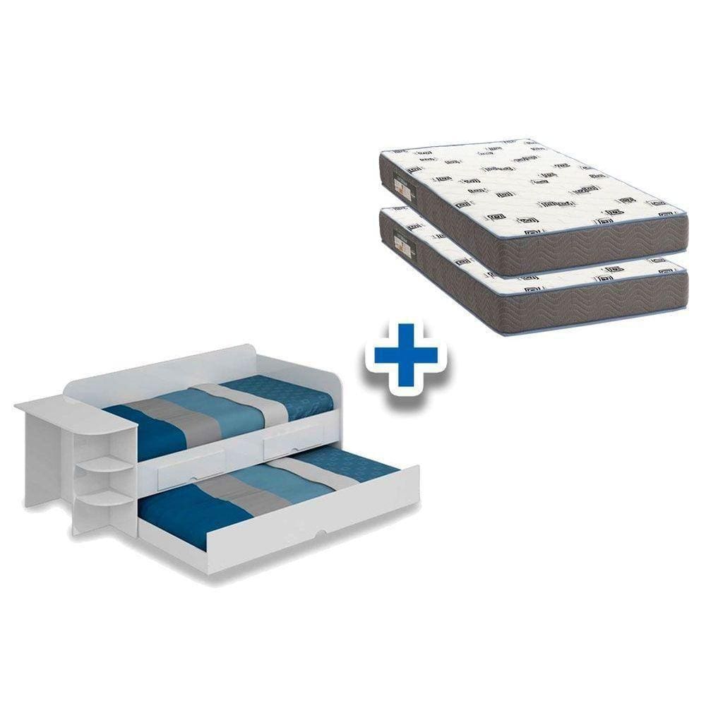 Colchão Solteiro D33 Ortobom (2Un) + Sofá Cama Helena C/ Auxiliar Branco
