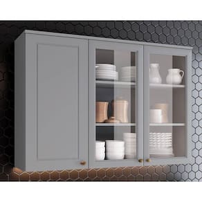 Armário Aéreo P/ Cozinha Americana 3 Portas De Vidro (2 C/ Vidro) 120cm Cinza - Henn