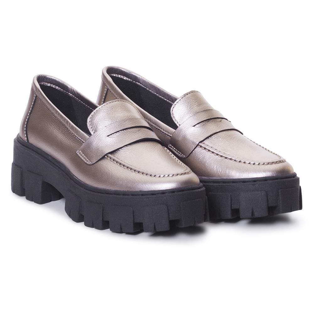 Mocassim Feminino Tratorado Couro Casual Metalizado