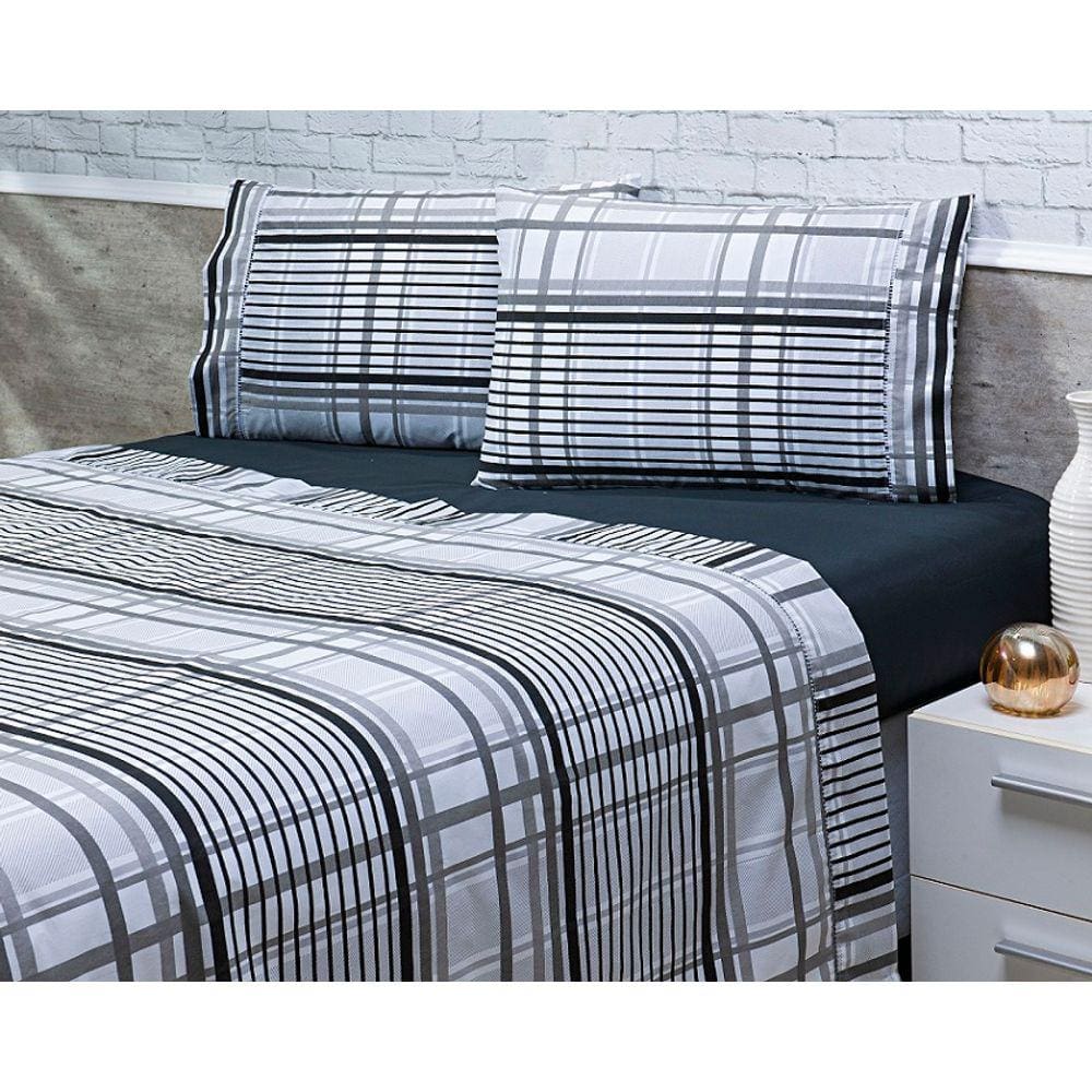 Jogo Lençol 4 Peças Cama Viúva 2,03mx1,20mx30cm 100% Algodão 200 Fios Ponto Palito Preto Listrado