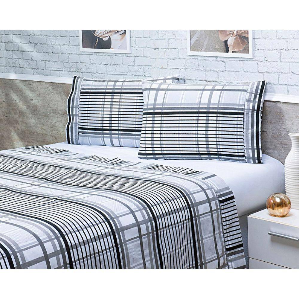 Jogo Lençol 4 Peças Cama Viúva 1,88mx1,28mx30cm 100% Algodão 180 Fios Ponto Palito Branco Listrado