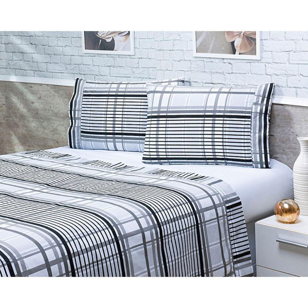 Jogo Lençol 4 Peças Cama Viúva 1,88mx1,28mx25cm 100% Algodão 200 Fios Ponto Palito Branco Listrado