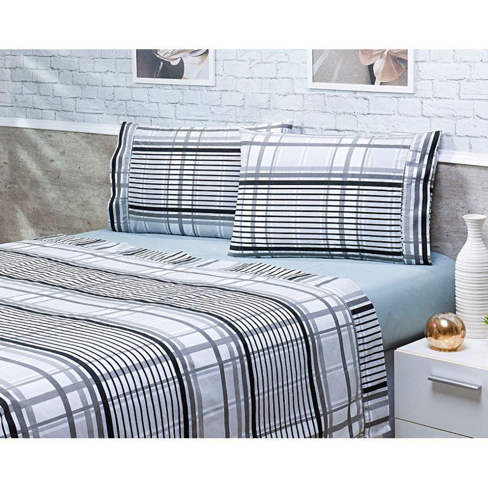 Jogo Lençol 4 Peças Cama Viúva 1,88mx1,28mx30cm 100% Algodão 180 Fios Ponto Palito Cinza Listrado