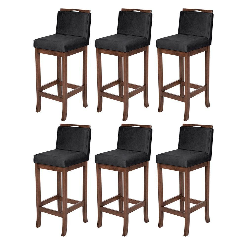 Kit 6 Banquetas Alta para Cozinha Gourmet Turim Madeira Capuccino Suede Preto CCS