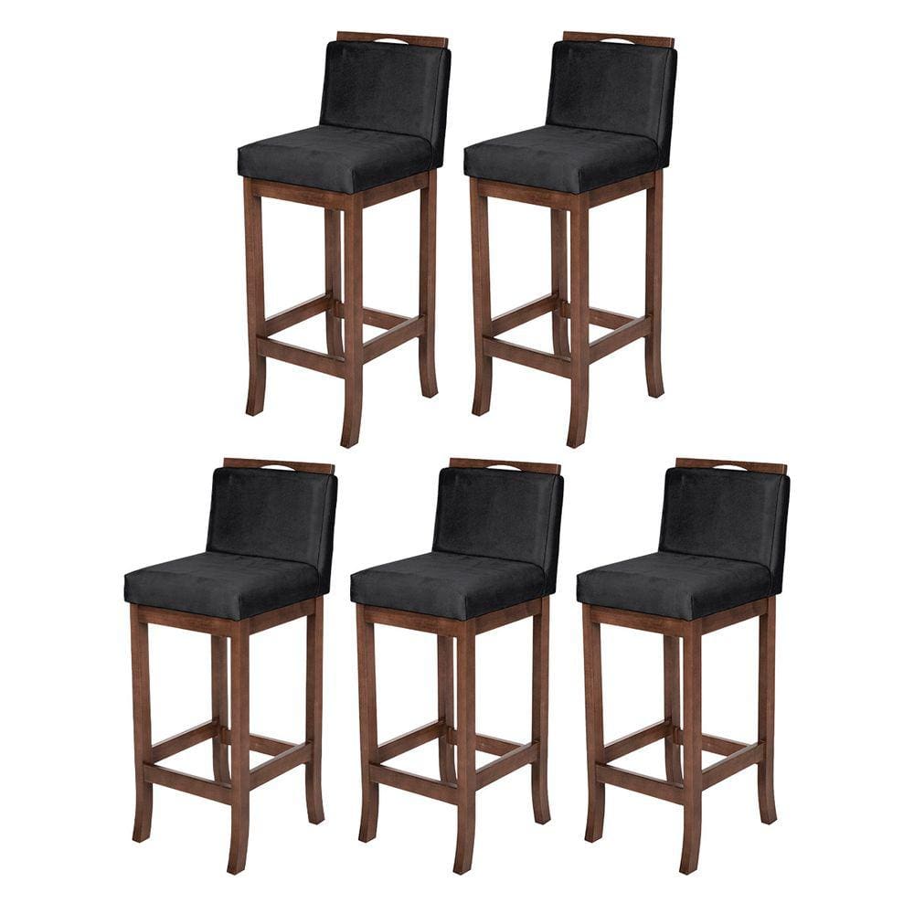 Kit 5 Banquetas Média com Encosto Turim Madeira Capuccino Suede Preto CCS