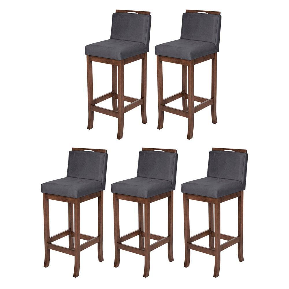 Kit 5 Banquetas Média com Encosto Turim Madeira Capuccino Suede Cinza CCS