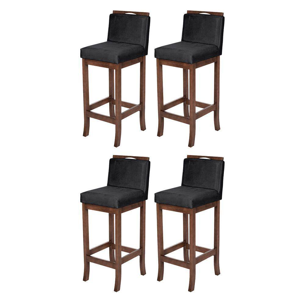 Kit 4 Banquetas Média em Madeira Capuccino Turim Suede Preto CCS