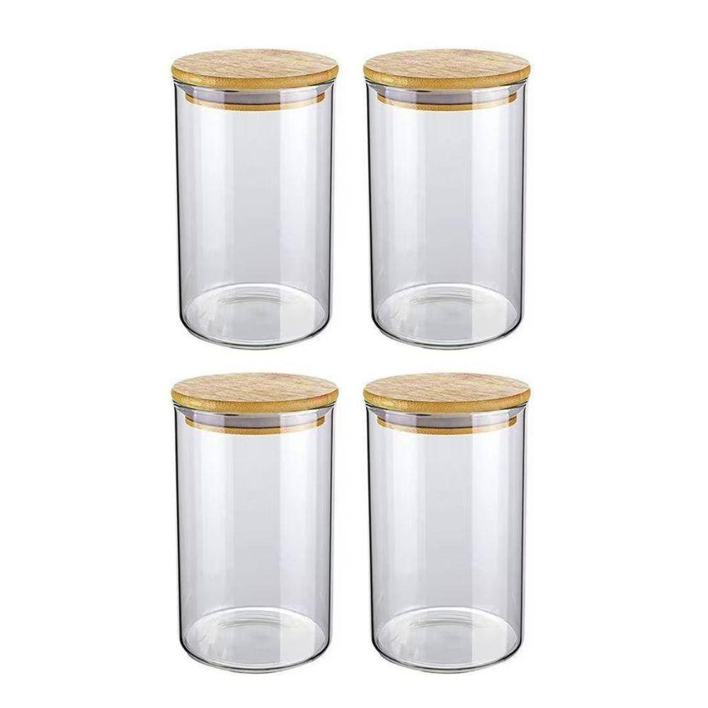 Kit 4 Potes Hermético De Vidro Tampa Bambu Para Condimentos