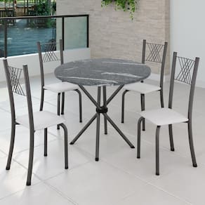 Conjunto de Jantar Mesa Tampo Redondo de Granito Topázio com 4 Cadeiras Sara Yescasa Branco Liso/Mart Prata