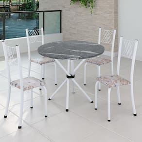 Conjunto de Jantar Mesa Tampo Redondo de Granito Topázio com 4 Cadeiras Sara Yescasa Botanic Bege/Branco