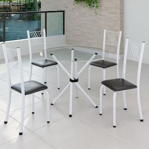 Conjunto de Jantar Mesa Tampo Redondo de Vidro Incolor com 4 Cadeiras Sara Yescasa Preto Liso/Branco