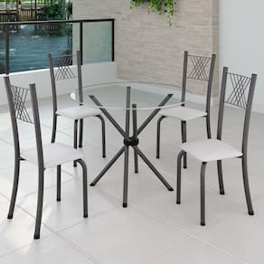 Conjunto de Jantar Mesa Tampo Redondo de Vidro Incolor com 4 Cadeiras Sara Yescasa Branco Liso/Mart Prata