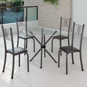 Conjunto de Jantar Mesa Tampo Redondo de Vidro Incolor com 4 Cadeiras Sara Yescasa Preto Liso/Mart Prata
