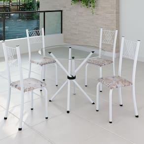 Conjunto de Jantar Mesa Tampo Redondo de Vidro Incolor com 4 Cadeiras Sara Yescasa Botanic Bege/Branco
