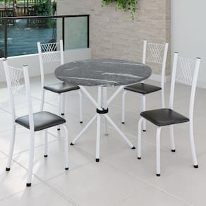 Conjunto de Jantar Mesa Tampo Redondo de Granito Topázio com 4 Cadeiras Sara Yescasa Preto Liso/Branco