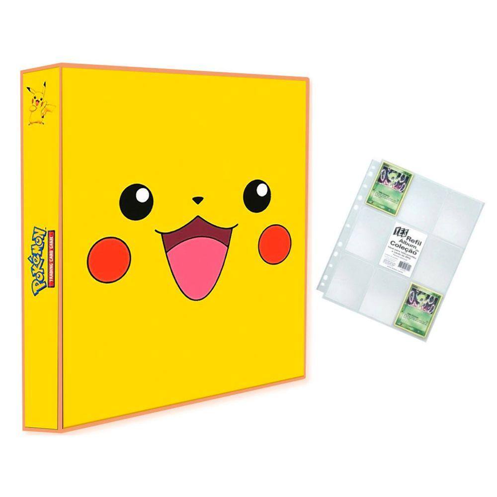 Álbum Pasta Fichário Pokemon com 10 Folhas YES 9 Bolsos Pikachu Sorrindo Capa Dura Reforçado Lindo