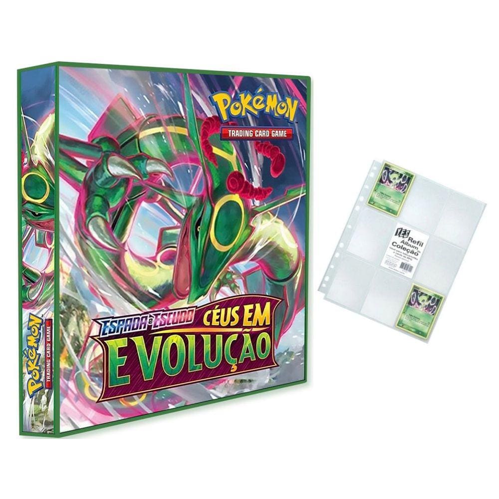 Álbum Pasta Fichário Pokemon com 10 Folhas YES Espada e Escudo Céus Evolução Capa Dura Reforçado