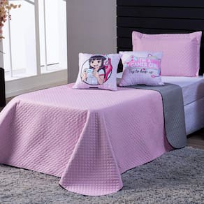Kit Cobre Leito Girl Gamer Rosa/Cinza Dupla Face c/ Almofadas Casal Padrão 05 Peças