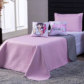 Kit Cobre Leito Girl Gamer Rosa/Cinza Dupla Face c/ Almofadas Solteiro 04 Peças