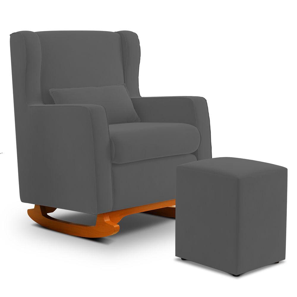 Poltrona de Amamentação e Descanso Zoe com Base Balanço e Puff Suede Cinza - Desk Design