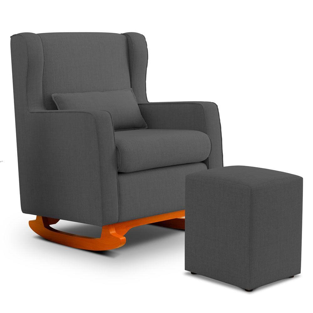 Poltrona de Amamentação e Descanso Zoe com Base Balanço e Puff Linho Cinza - Desk Design