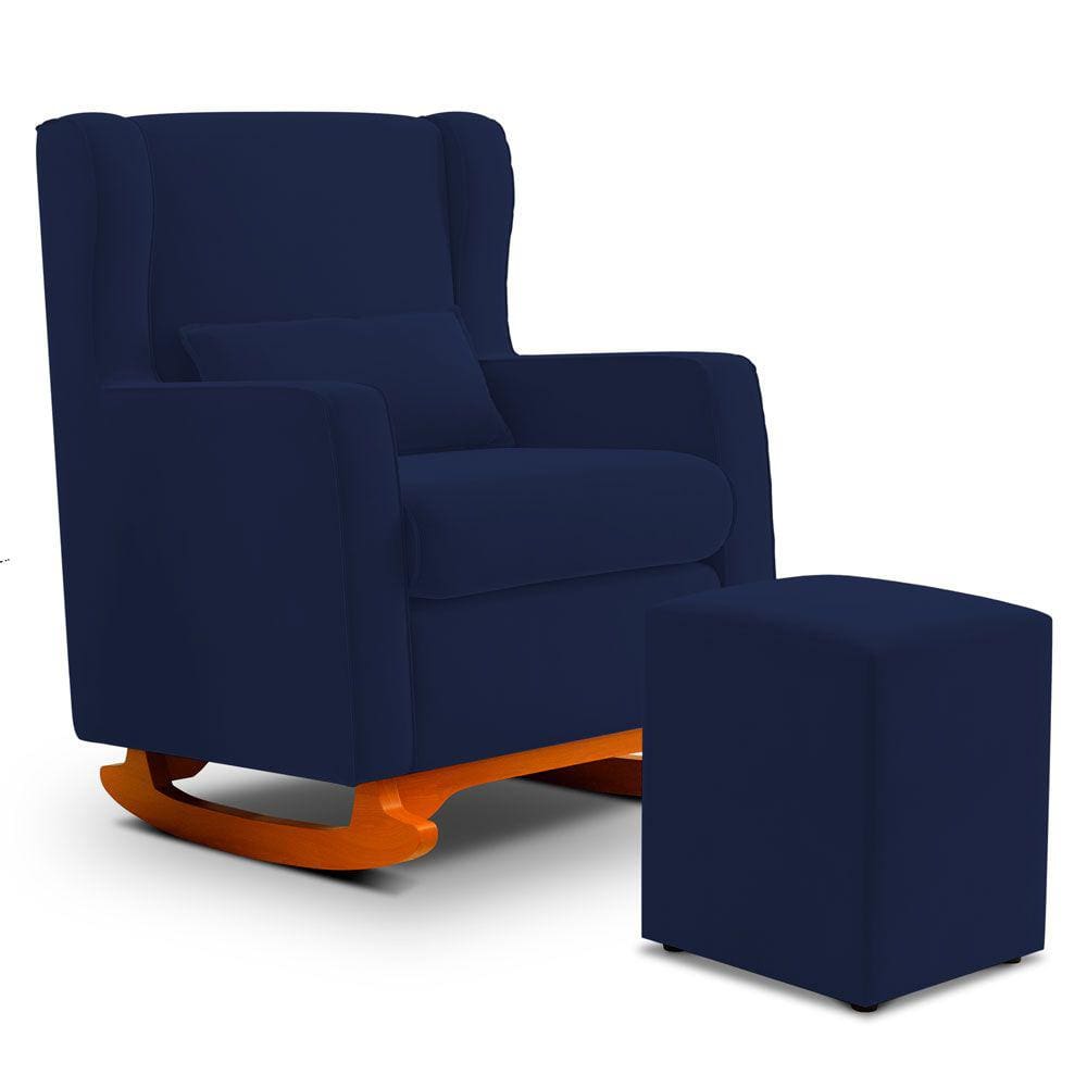 Poltrona de Amamentação e Descanso Zoe com Base Balanço e Puff Veludo Azul Marinho - Desk Design